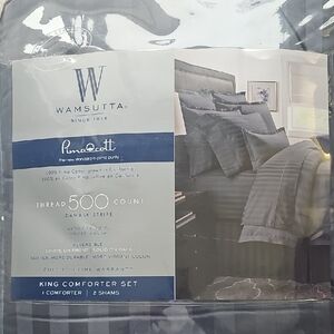 RARE Wamsutta REVERSIBLE PIMA COTTON Damask Stripe KING Comforter Set (DENIM)